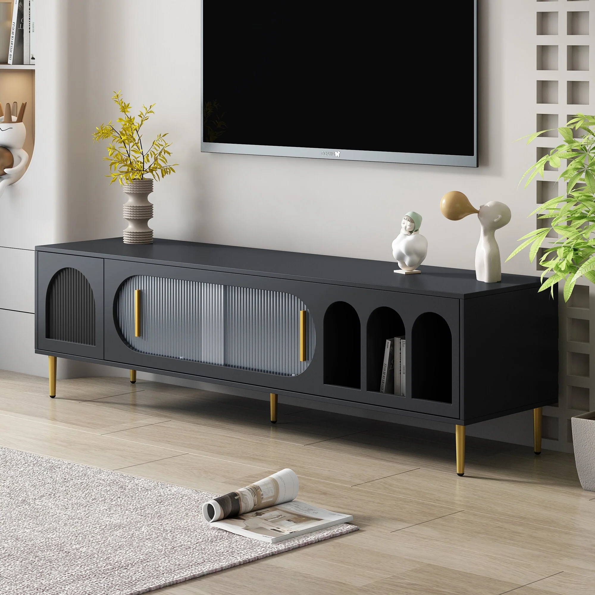 Sliding Acrylic Door TV Stand, TV Media Console Table with 3 Shelves 2 Cabinets, TV Console Cabinet for up to 70 Inch TV