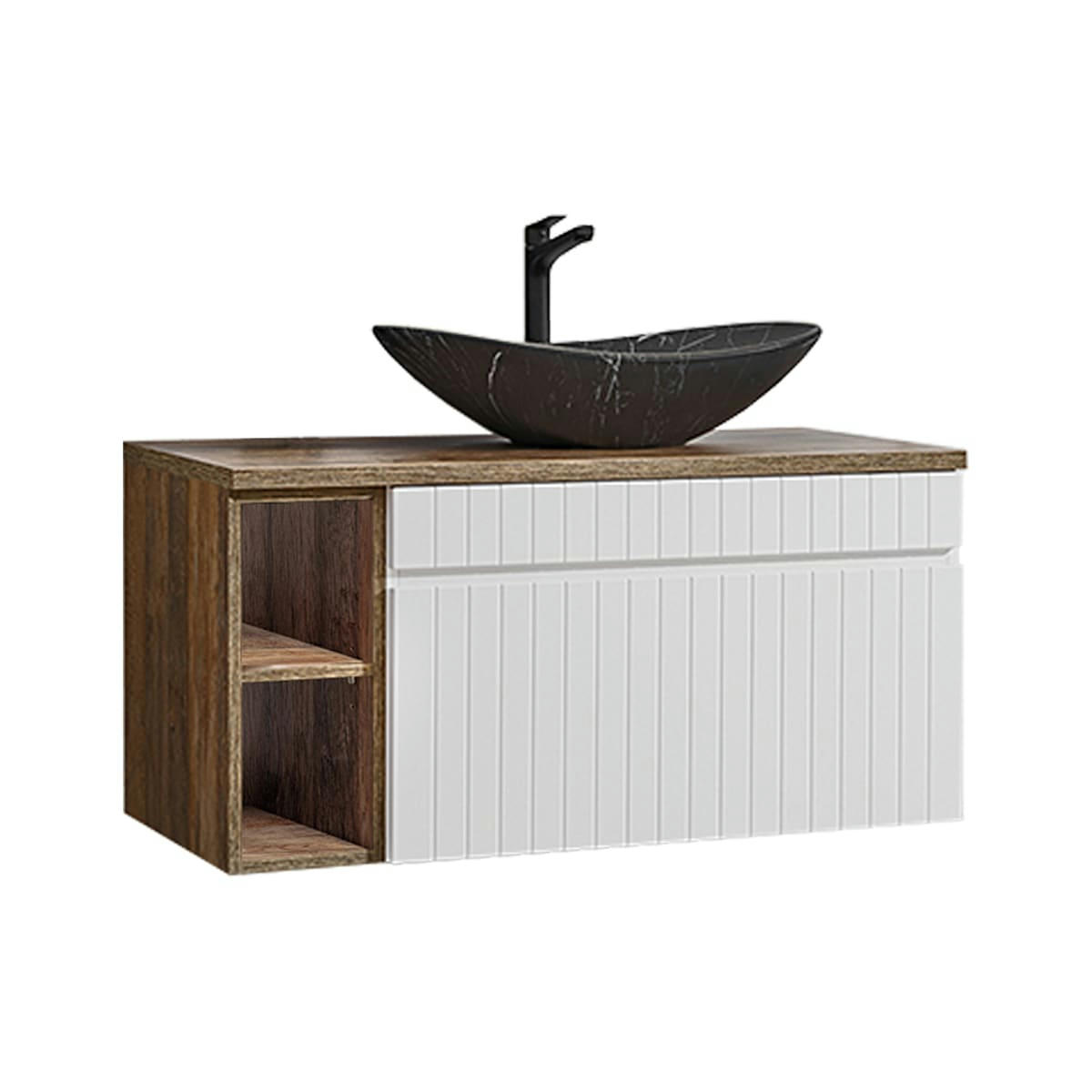 - Meuble simple vasque 100cm 2 niches blanc naturel et noir