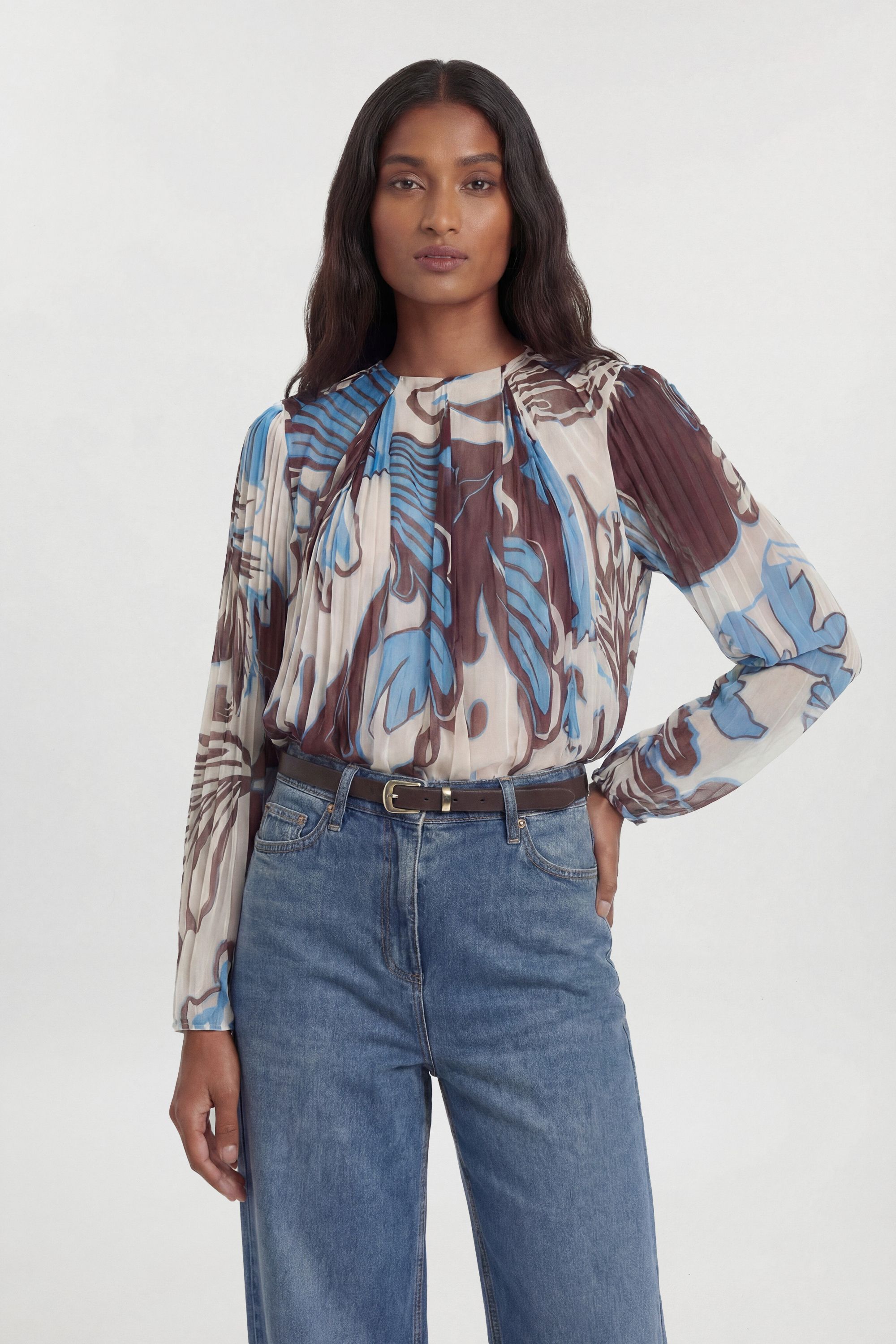 KarenMillen Paisley Blue Pleated Woven Blouse