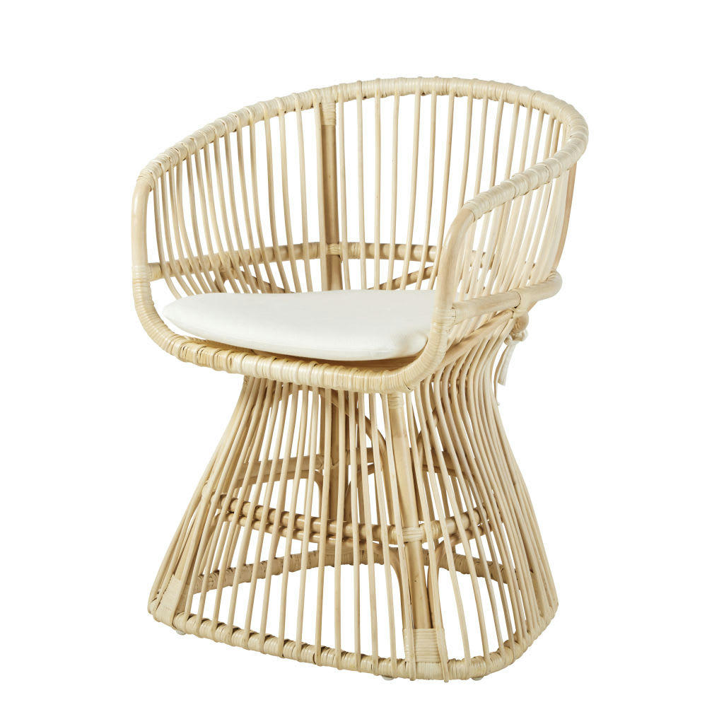 Guava - Chaise avec accoudoirs en rotin et coussin ivoire