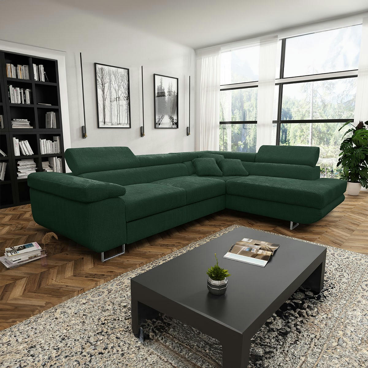 - Canapé d'angle convertible droit 4 places coffre velours côtelé vert