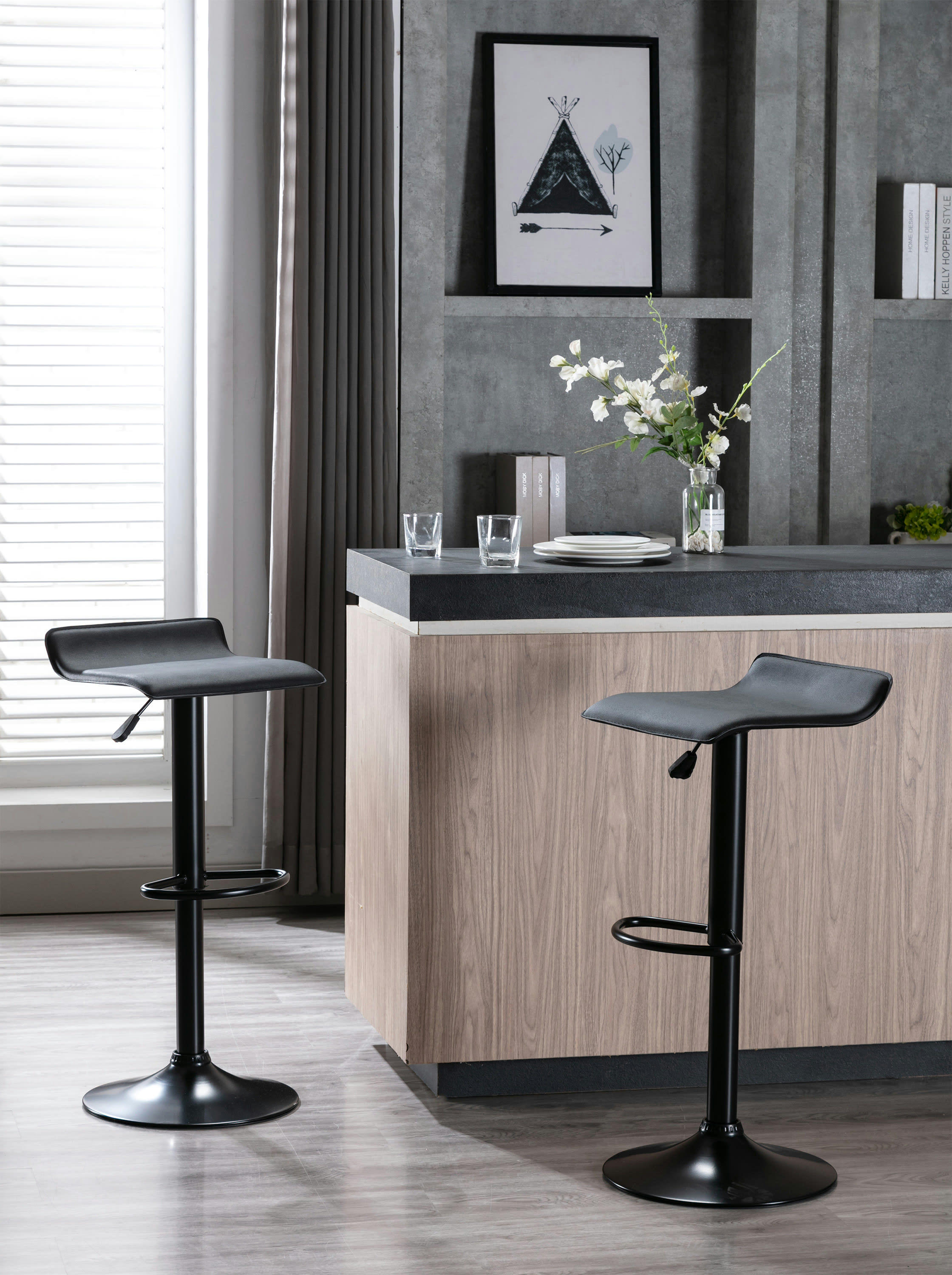 LEO - Tabourets de bar design réglable PU noir pieds noirs (x2)