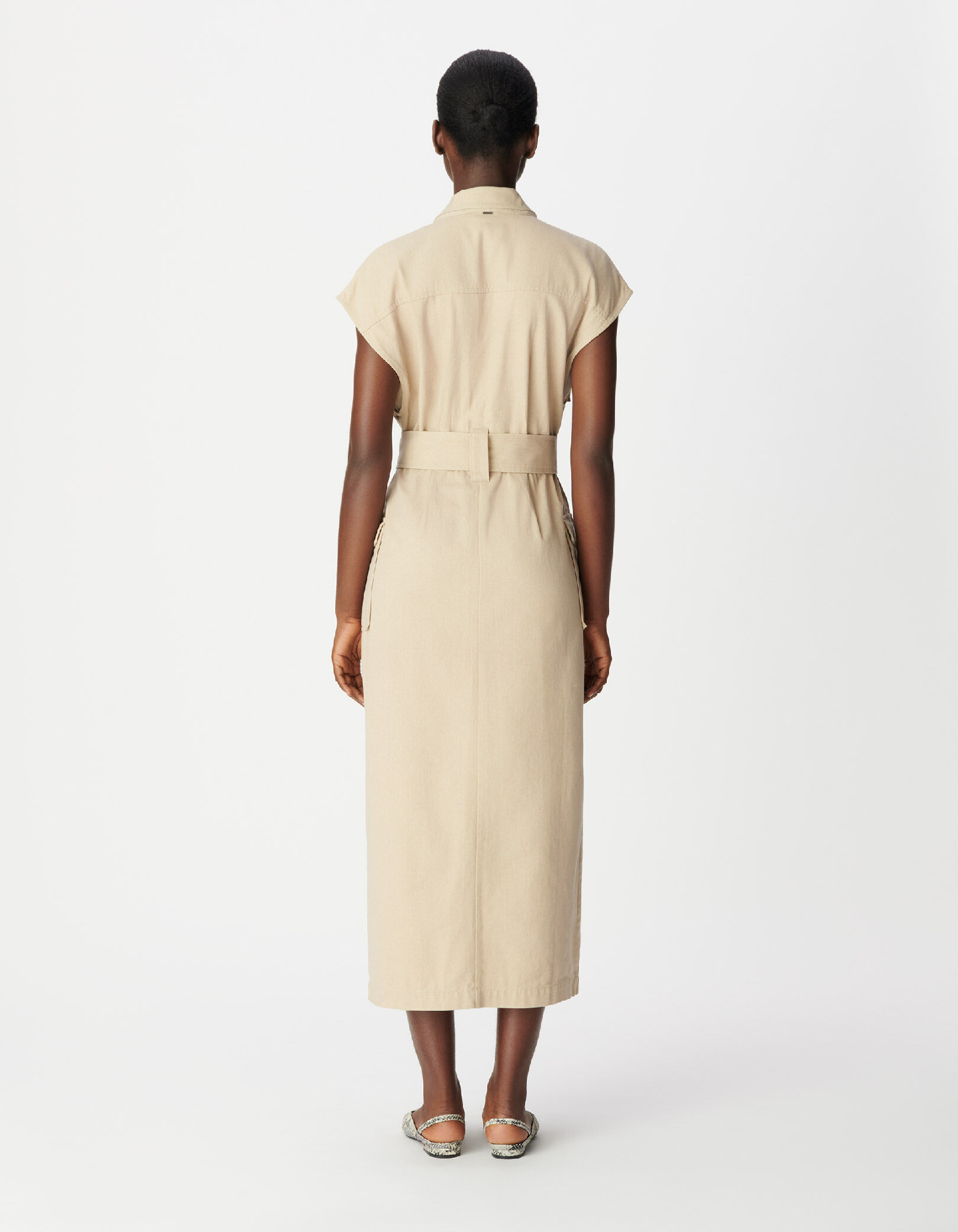 Robe saharienne longue beige sans manches Femme