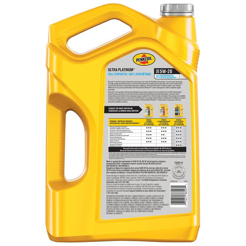 Pennzoil Ultra Platinum 5W20 Synthetic Engine/Motor Oil, 5-L