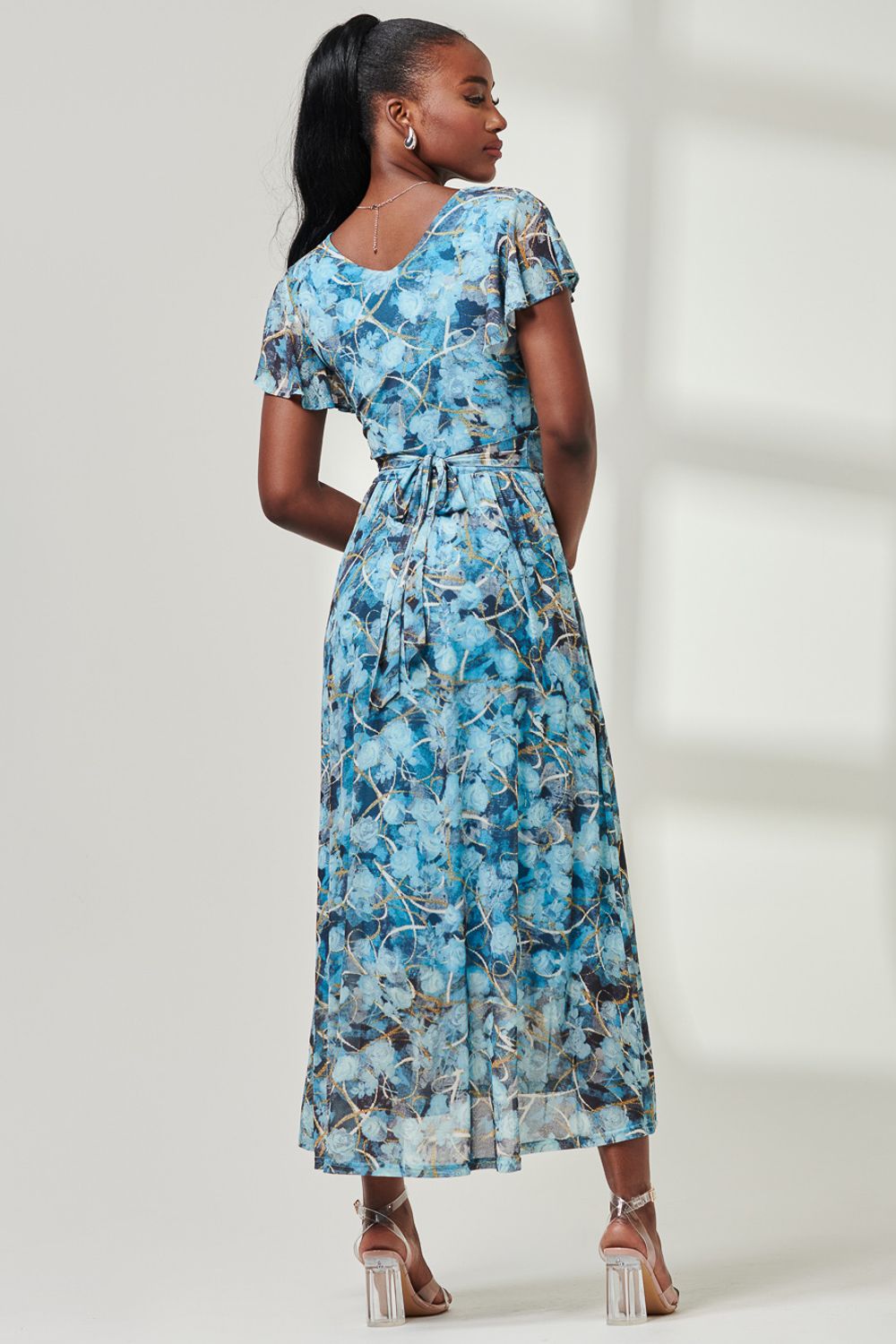 Jolie Moi Wrap Dip Hem Mesh Maxi Dress