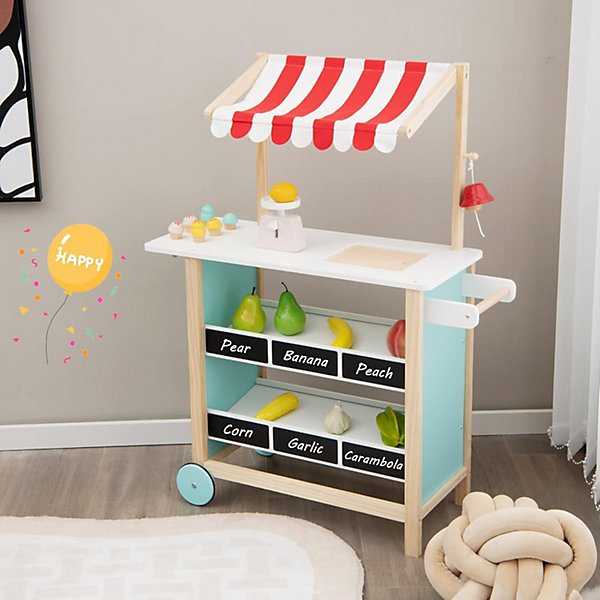 Chariot à Crème Glacée en Bois pour Enfants, Stand de Marché Fermier avec 6 Cornets de Crème Glacée, Rouge