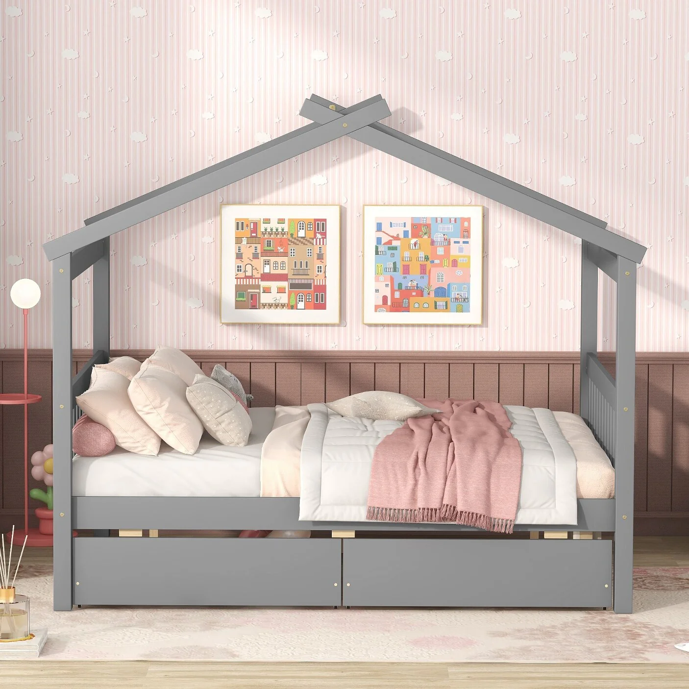 Full-Size Wooden House Bed with Drawers, Pine Wood Frame for Kids' Bedroom