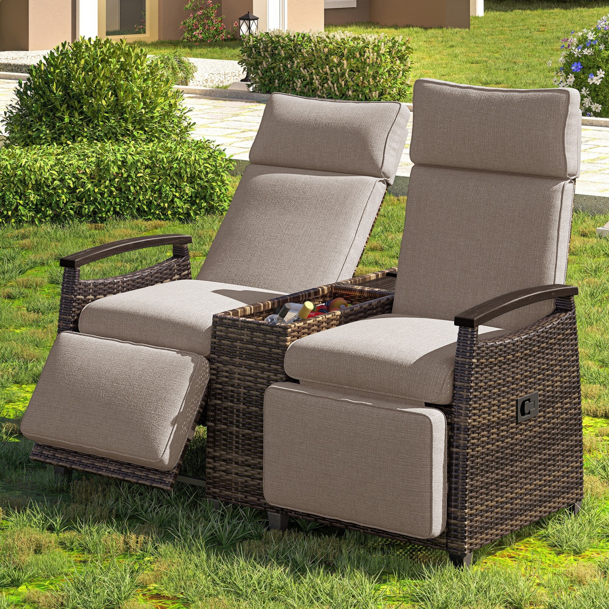 Patio Recliner Loveseat Chair, Adjustable Backrest Wicker Outdoor Lounge Chair Set with Acacia Wood Armrests and Built-i