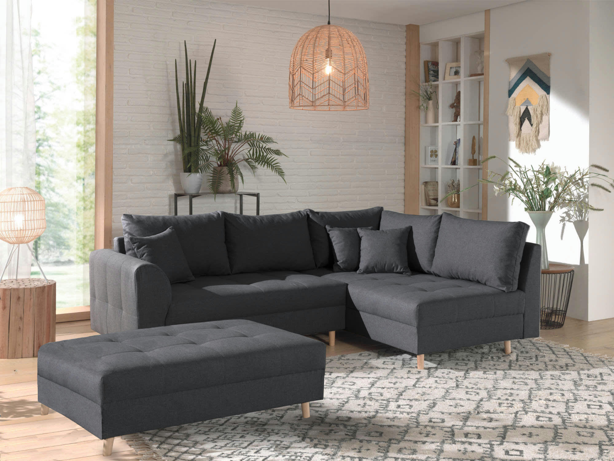 RUNE - Canapé d'angle droit convertible 4 places en tissu gris foncé