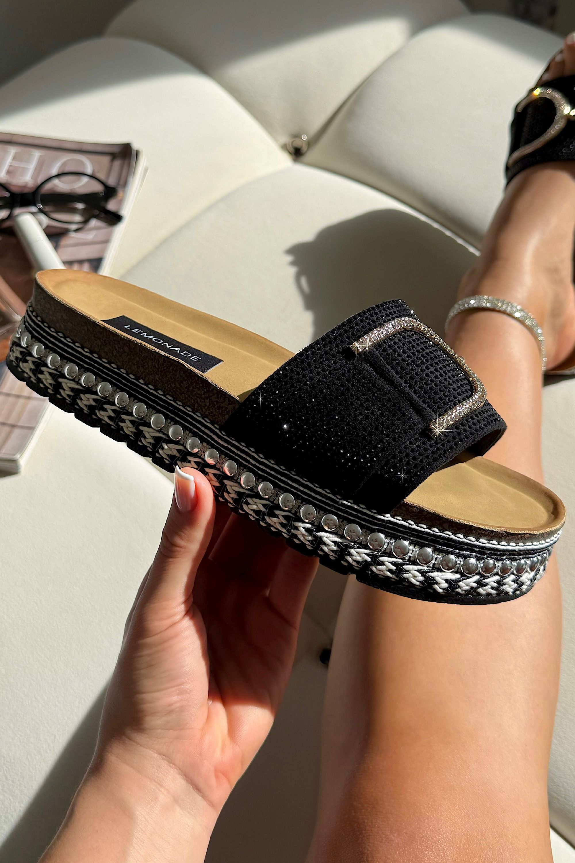 Love Lemonade Crystal Edge Woven Platform Sliders