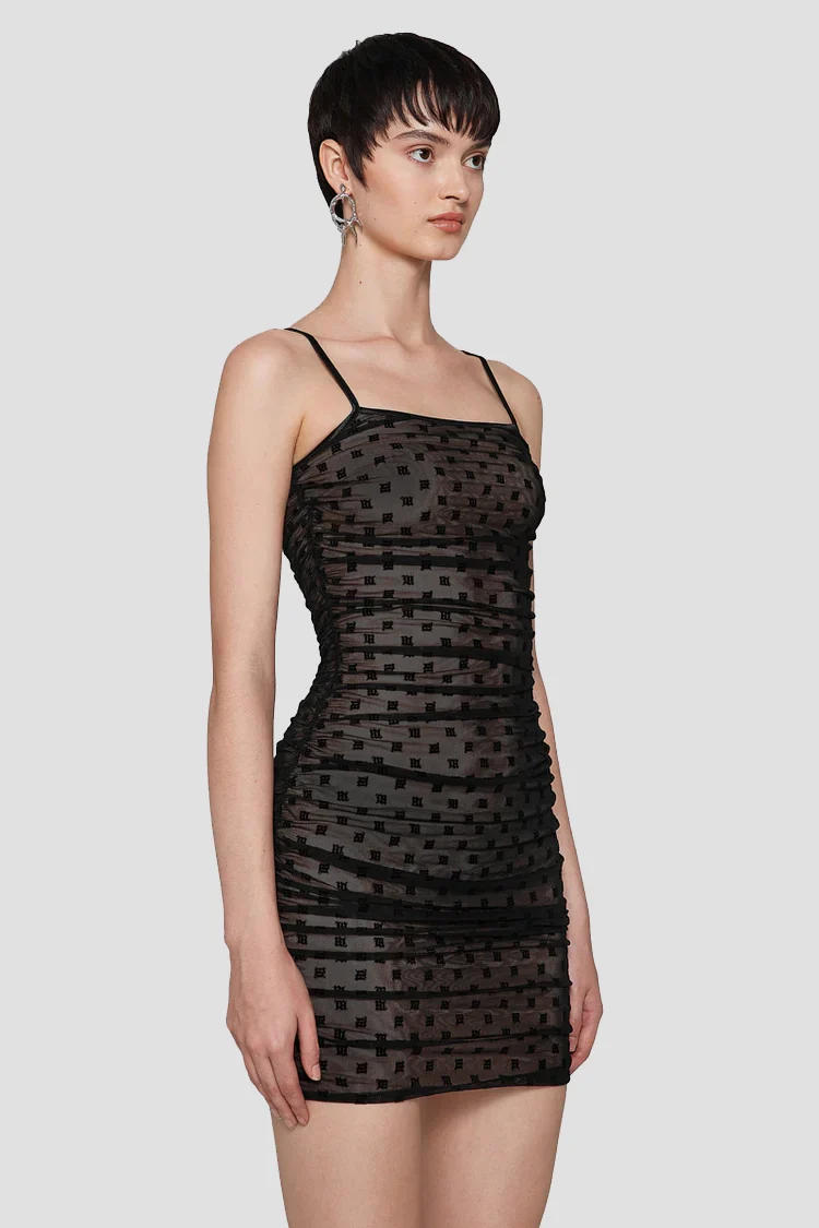 Mesh Monogram Draped Mini Dress