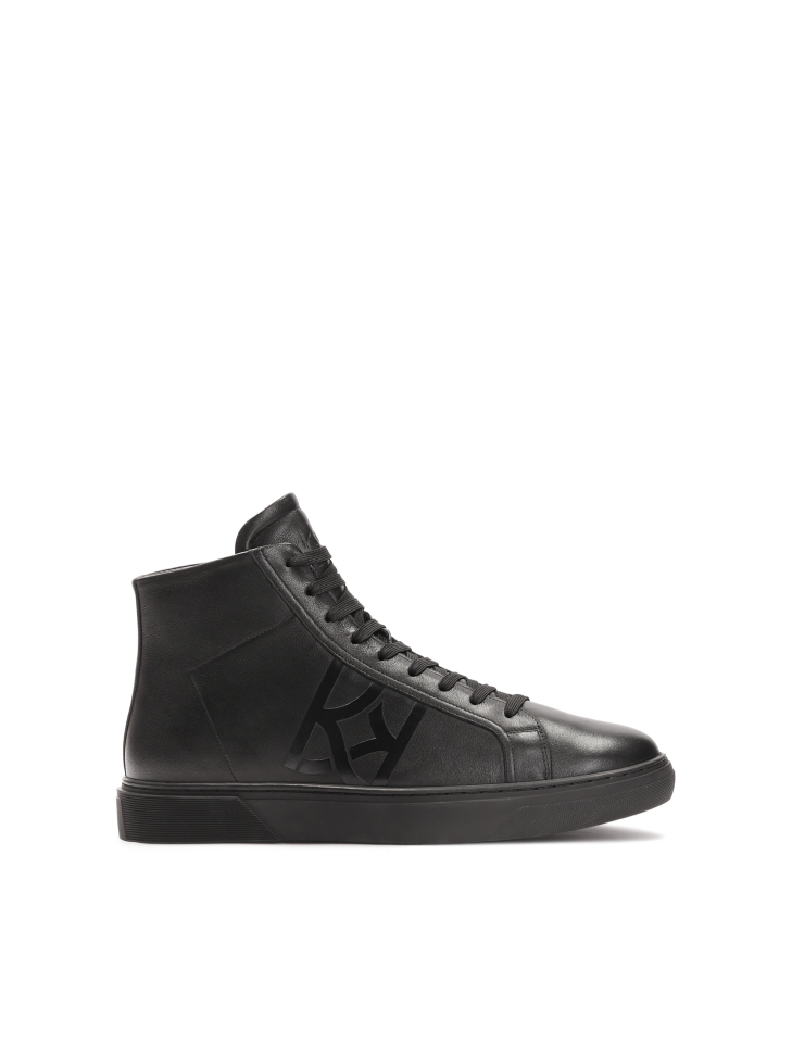 Black natural leather ankle sneakers with embossed logo