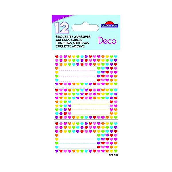12 étiquettes adhésives scolaires - Rectangle - Petits cœurs multicolores