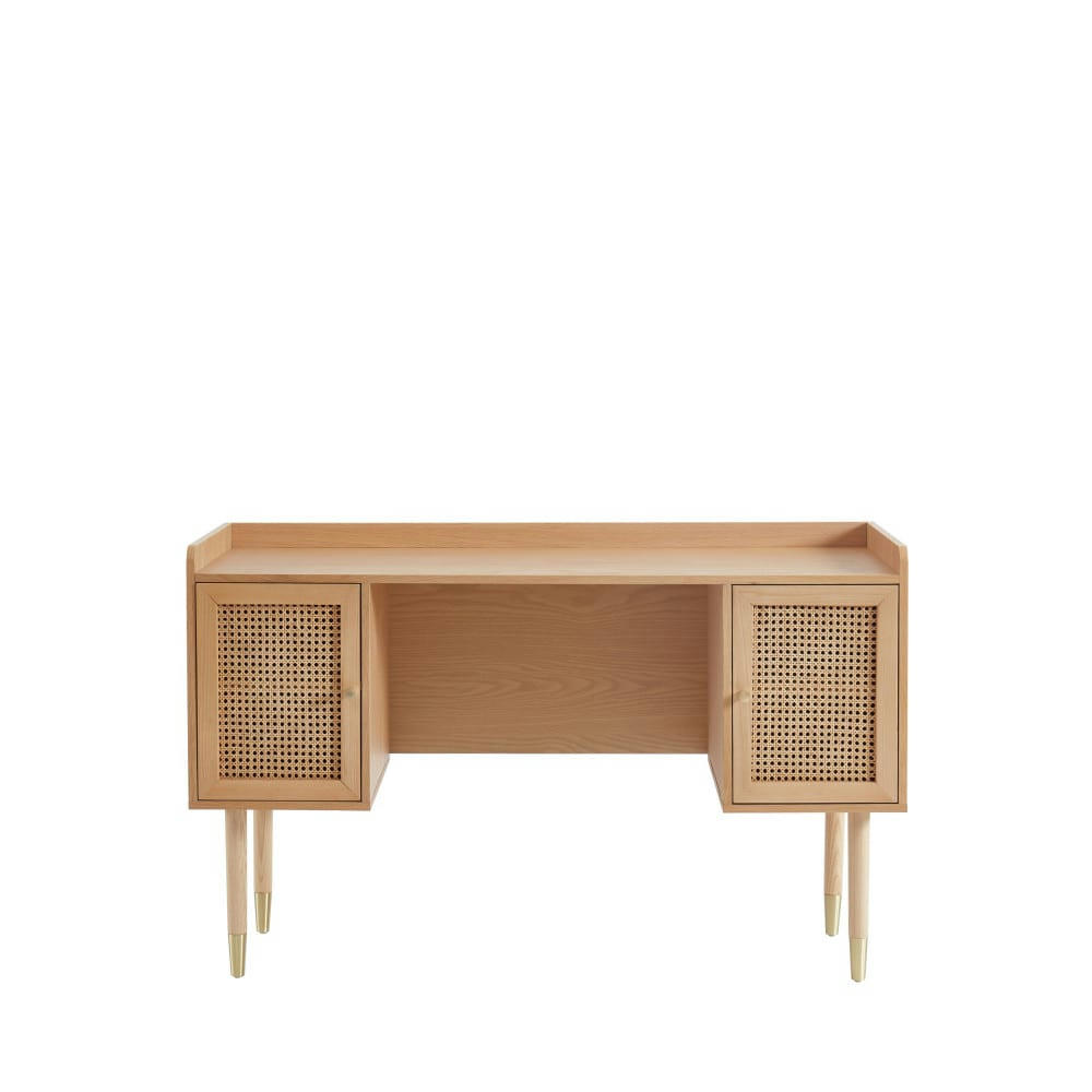 BOMBONG - Bureau 2 portes en bois et cannage L130cm bois clair