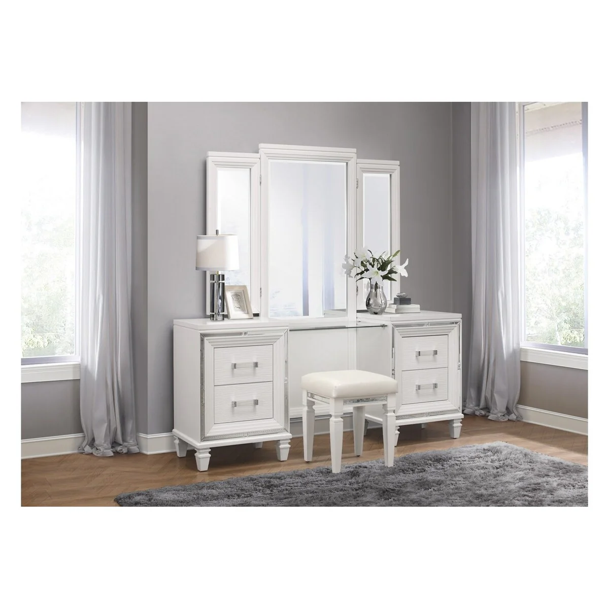 Rosalinda 5 Piece White Modern Faux Leather Upholstered LED Storage Platform Bedroom Set