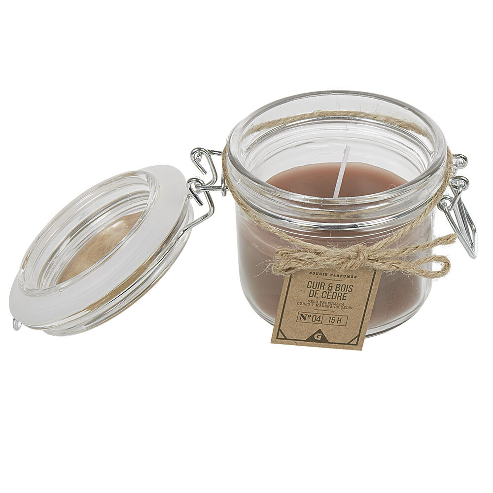 Bougie parfumée dans pot en verre senteur Cuir Bois de cèdre