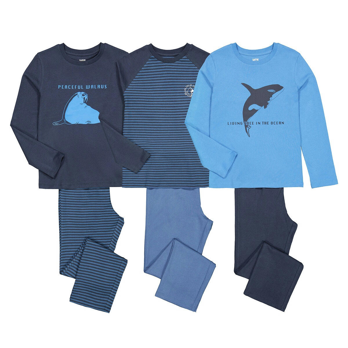Lot de 3 pyjamas imprimés orque, morse et rayures