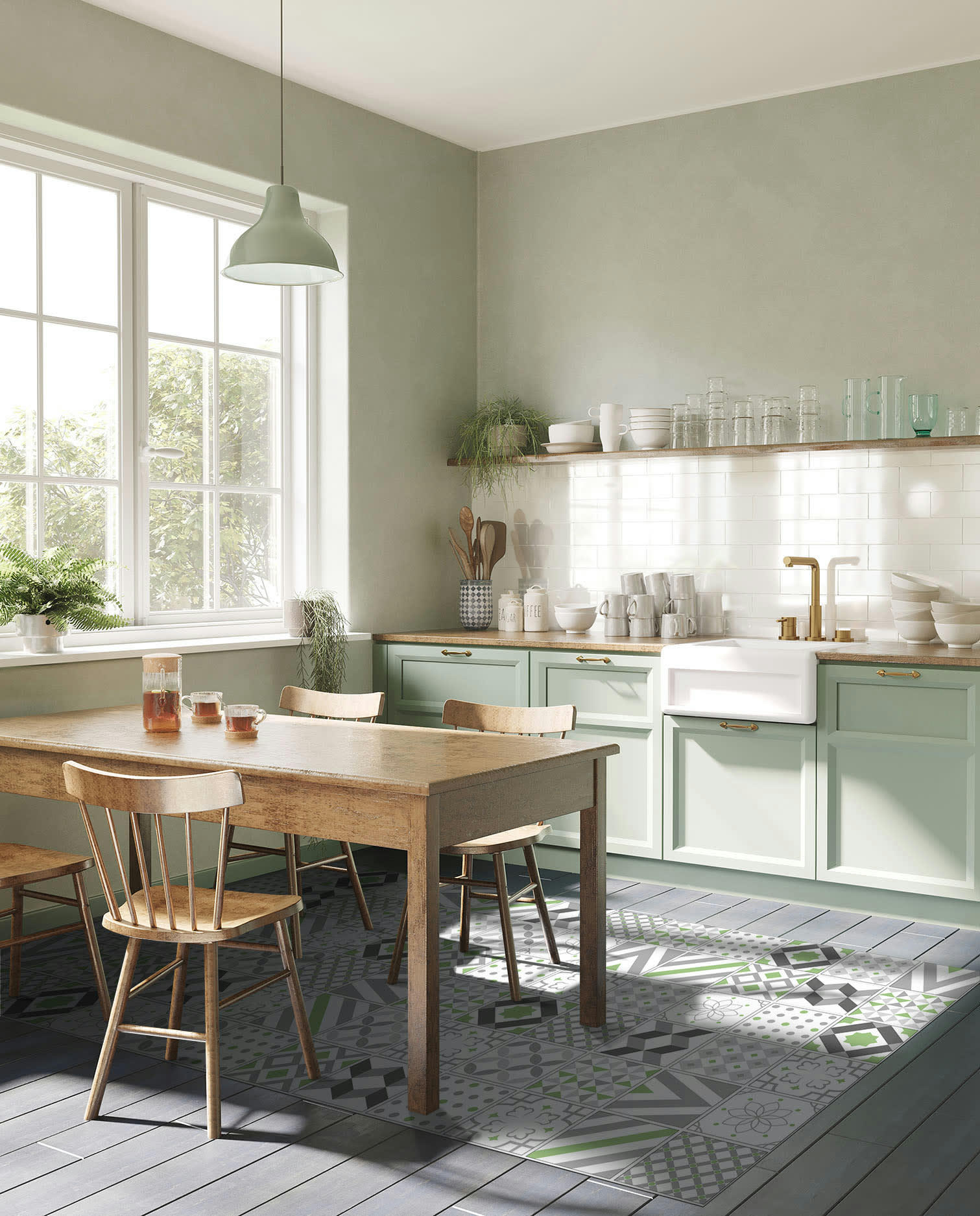 ALFOMBRAS AZULEJOS - Tapis vinyle carreaux ciments love vert 200x200cm