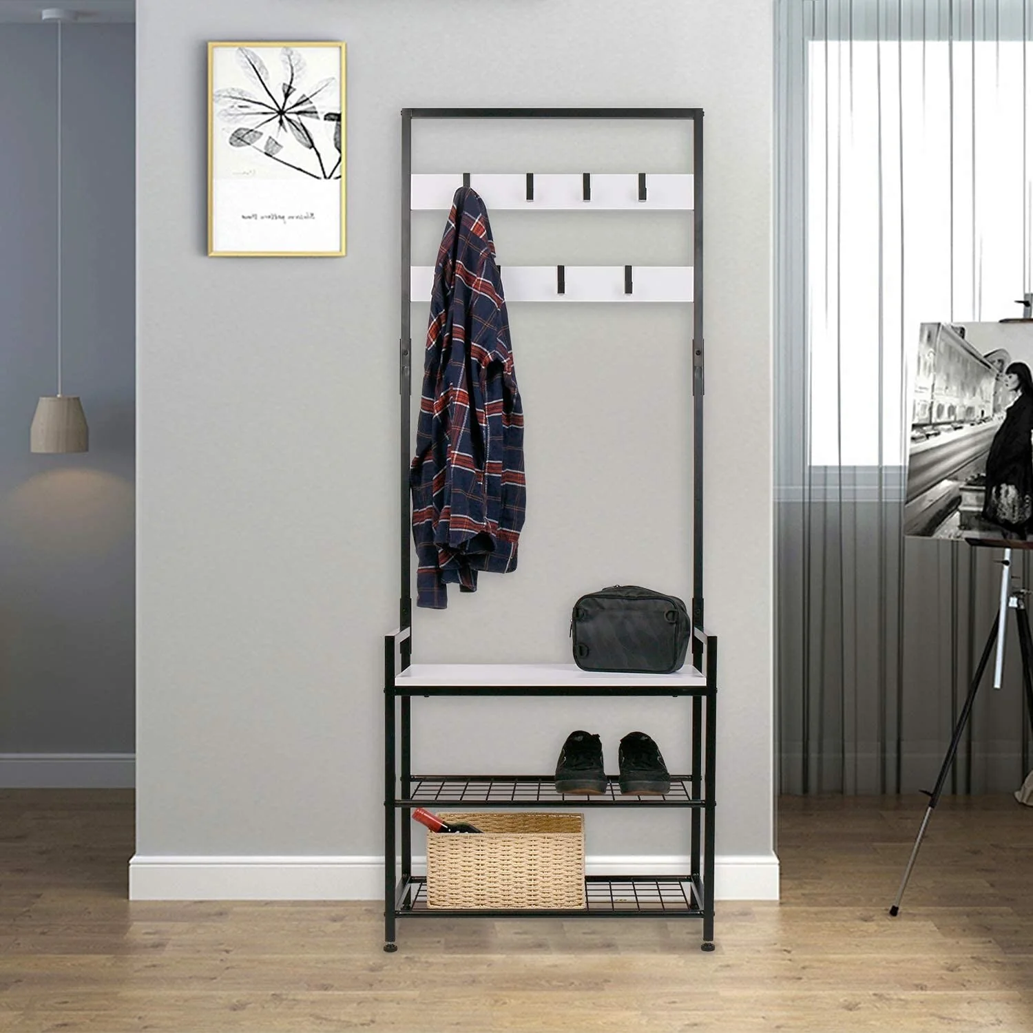 Entryway Hall Tree Storage Shelf, Coat Rack Shoe Bench, Wood Look Accent Furniture with Metal Frame, 3 in 1 Design