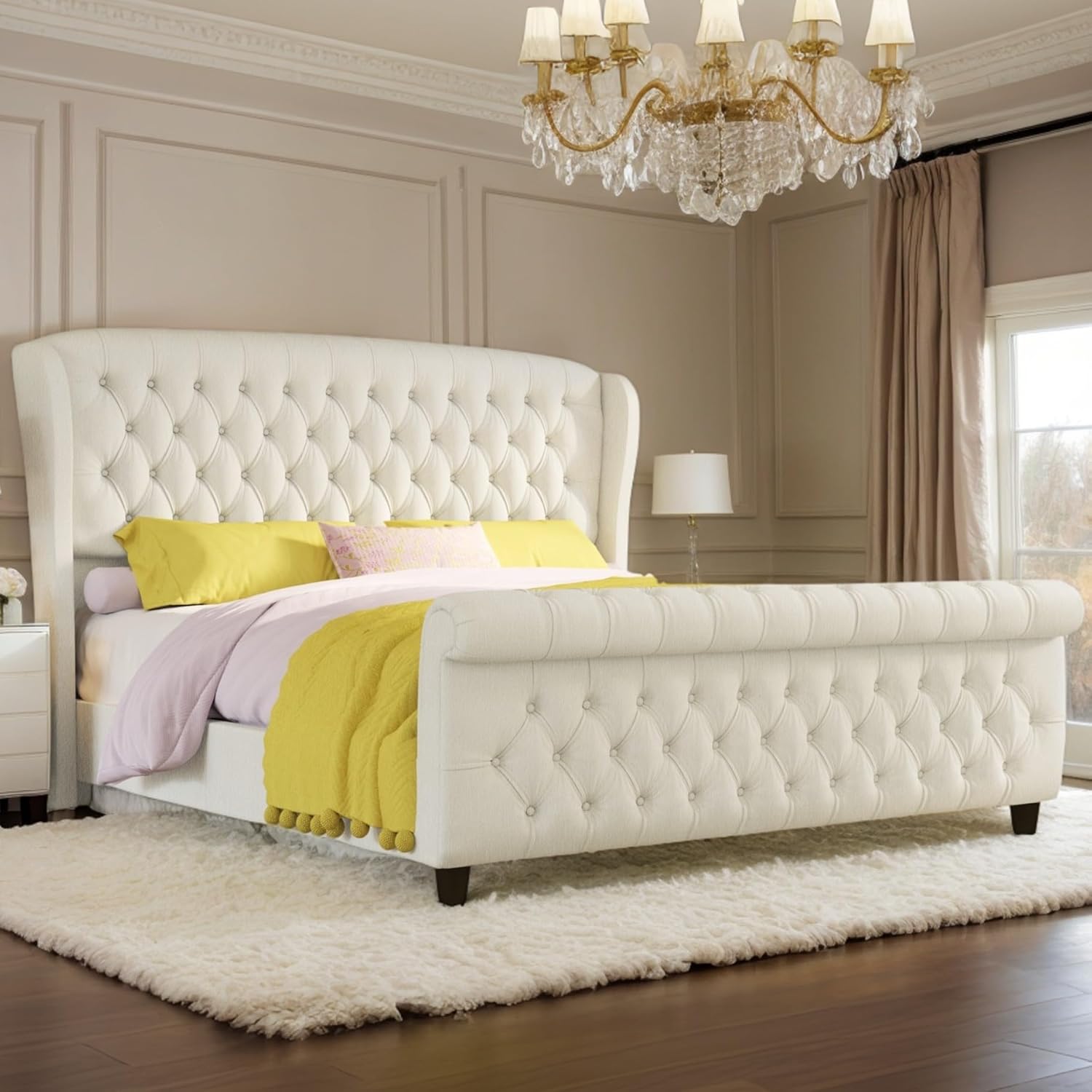 King Size Platform Bed Frame, Chenille Upholstered Sleigh Bed with Curved Headboard & Footboard, Deep Button Tufted, Wood Slats Support, No Box Spring Needed, Cream