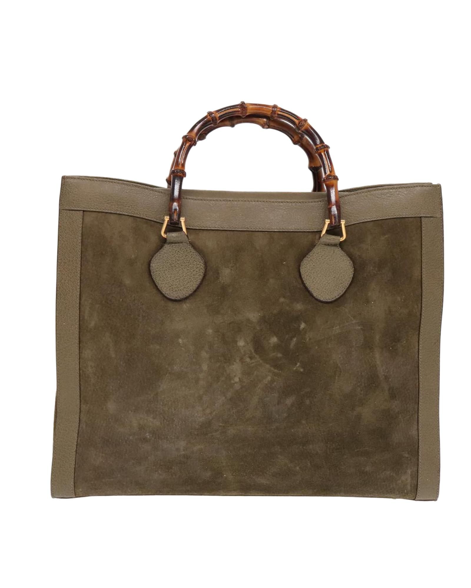 Gucci Preloved Bamboo Tote Suede Bag- Khaki Handbags