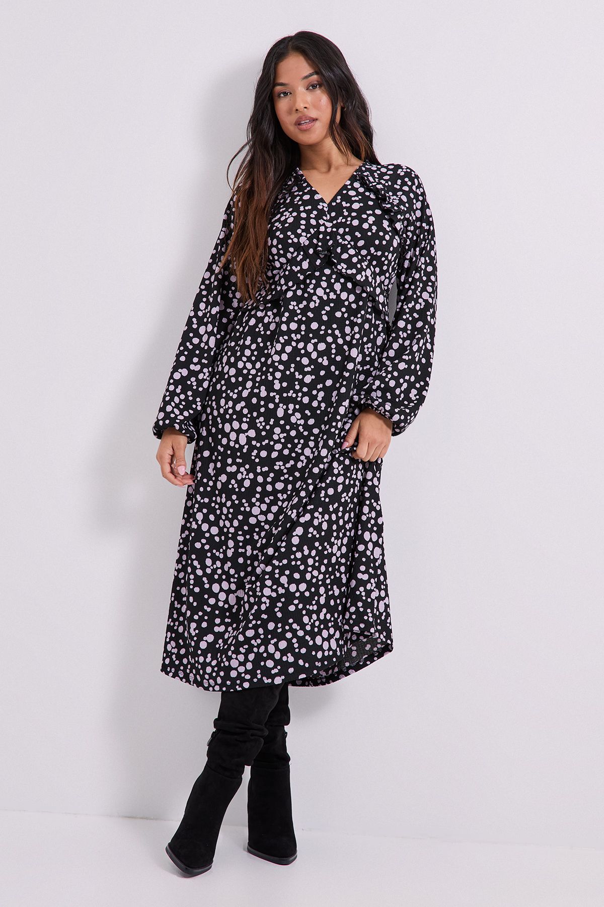 Dorothy Perkins Petite Purple Spot Empire Seam Frill Detail Jersey Midi Dress