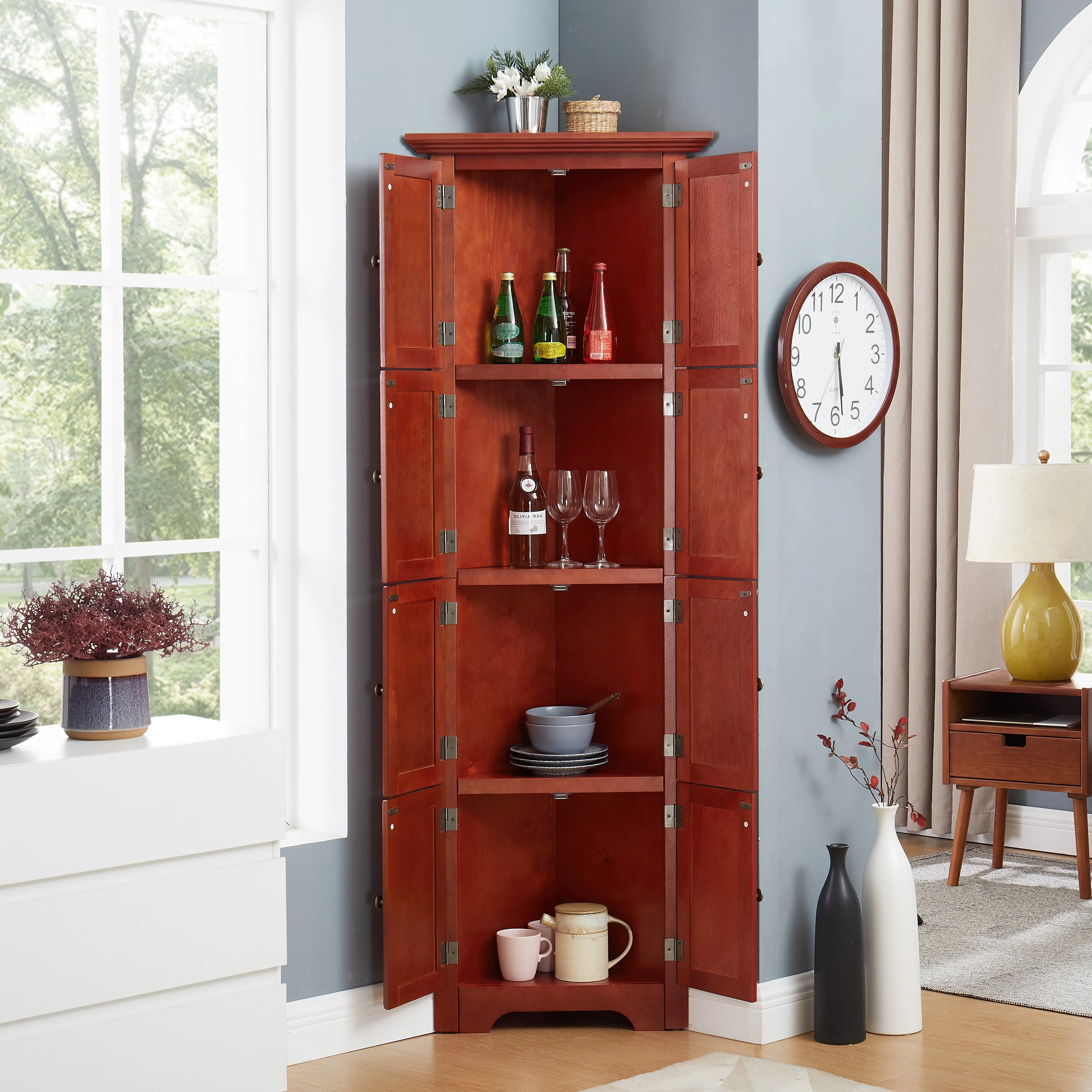 4-Tier 72 Corner Kitchen Pantry Storage Cabinet with 8 Doors Tall Storage Cabinet, Corner Cabinet and Shelves