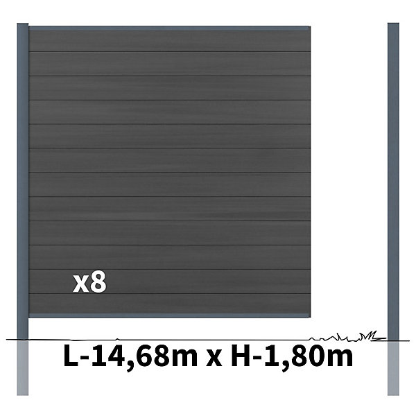 Kit Clôture Bois Composite Ardoise 14,5x1,8m CRUZ - Poteaux en Aluminium Gris - Brise Vue - Palissade