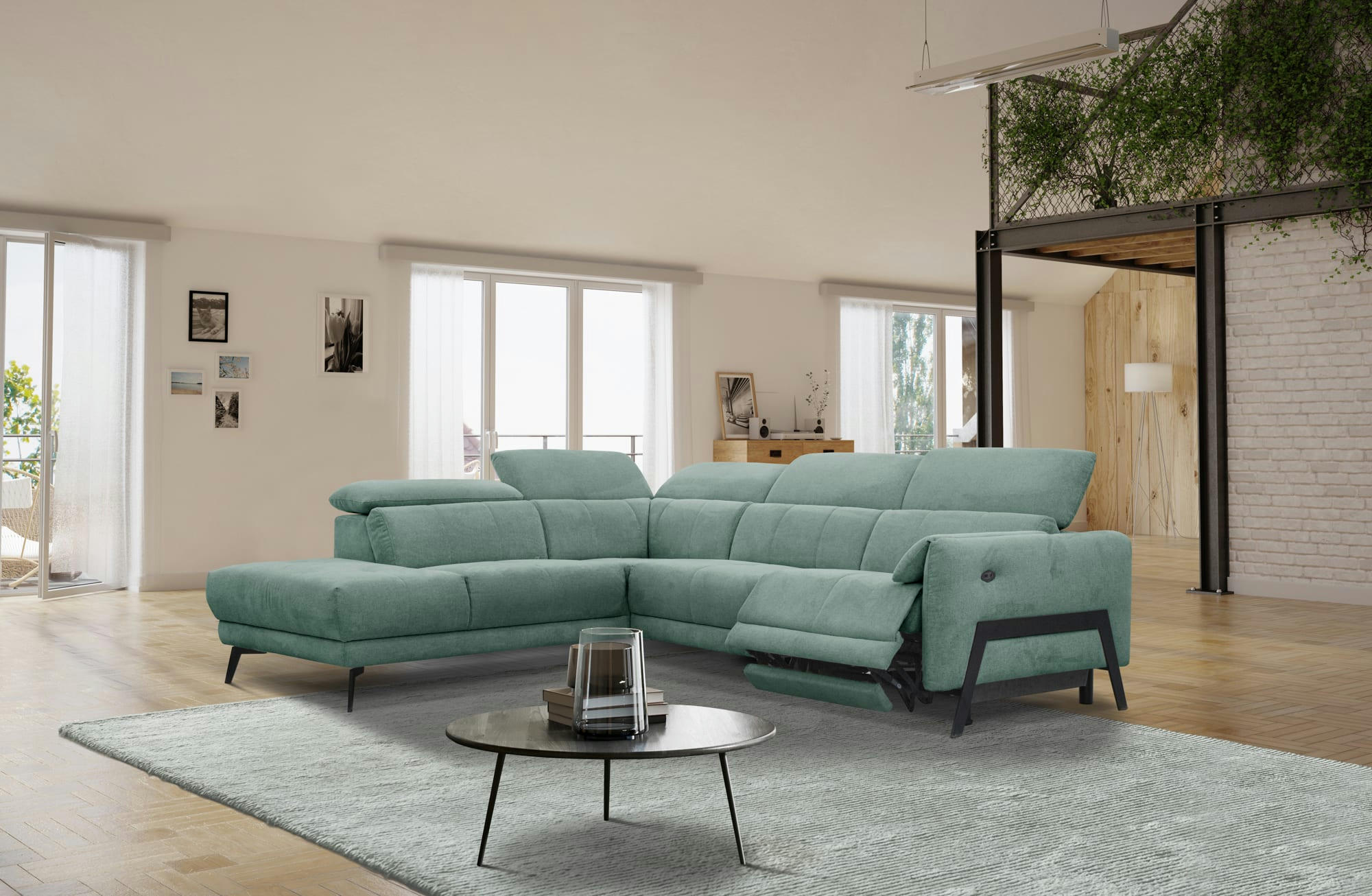 SCALA - Canapé d'angle gauche, 5 places, une relax électrique, Tissu Vert