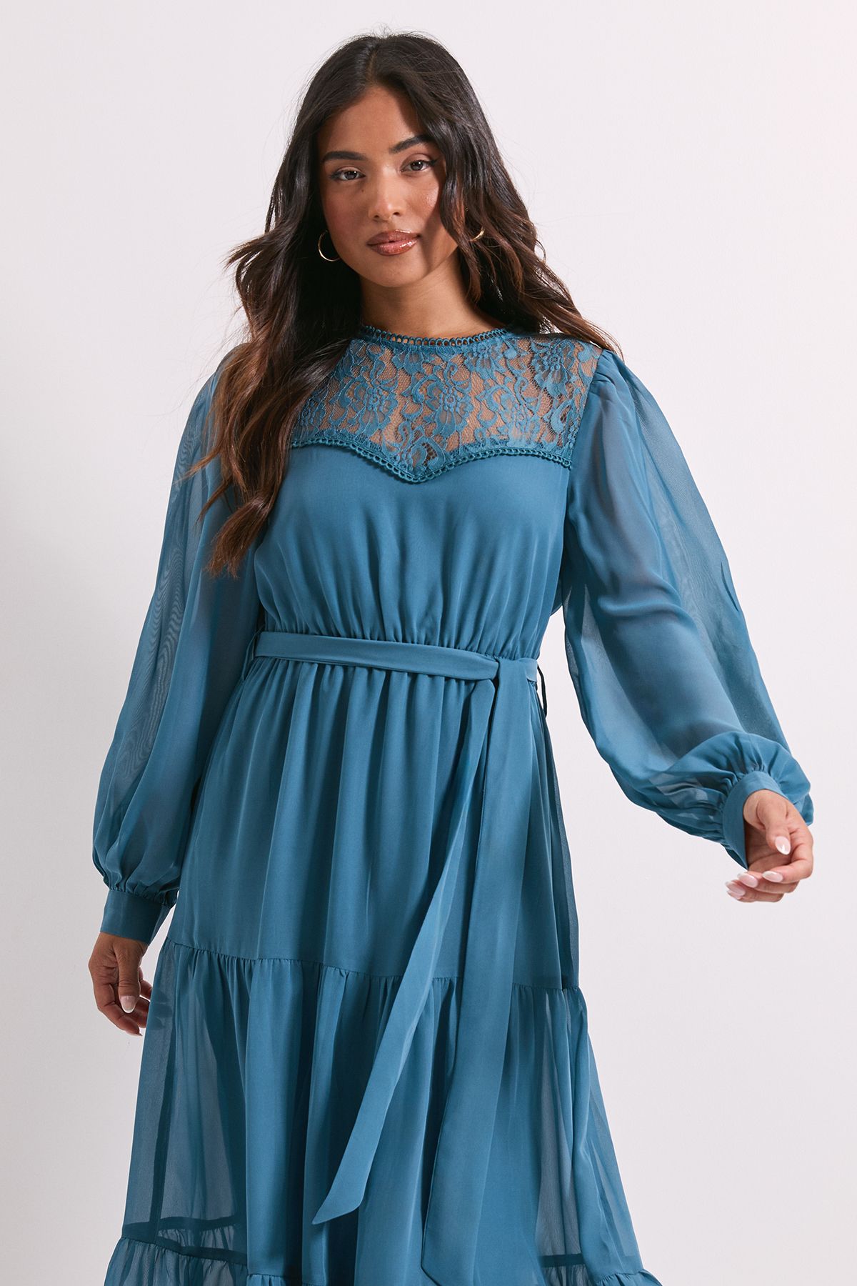 Dorothy Perkins Petite Lace Yoke Blouson Sleeve Tiered Midaxi Dress