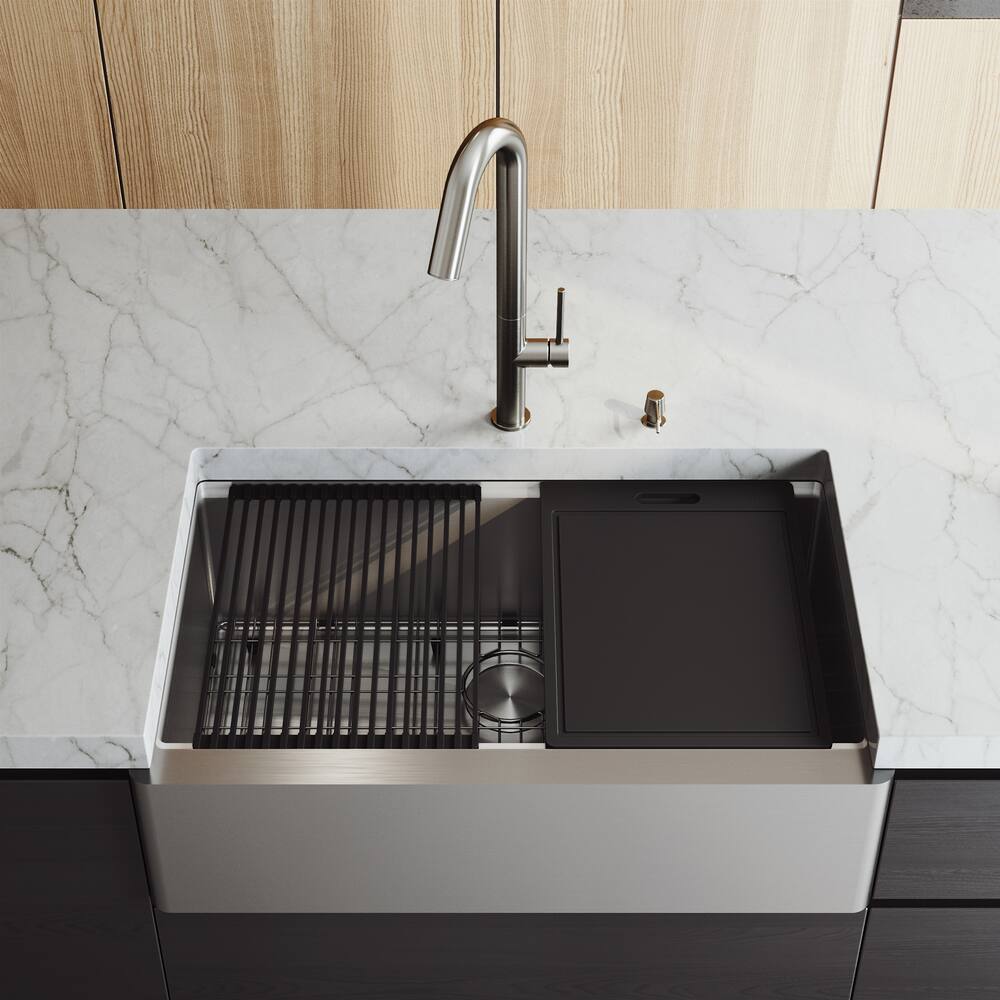 Vigo Oxford Apron Front Farmhouse Stainless Steel Single Bowl Kitchen Sink, 21x33x10-in