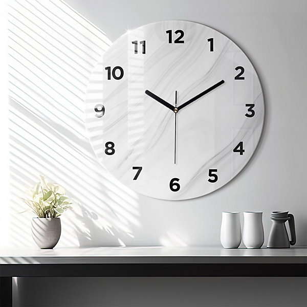 Horloge murale Wallfluent fi60 cm Avec chiffres Aiguilles noires Marbre décoratif 1 pcs
