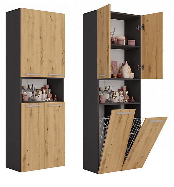 MOBY - Armoire de salle de bain - 2 paniers à linge - 174x60x30 cm - ANTHRACITE &CHÊNE
