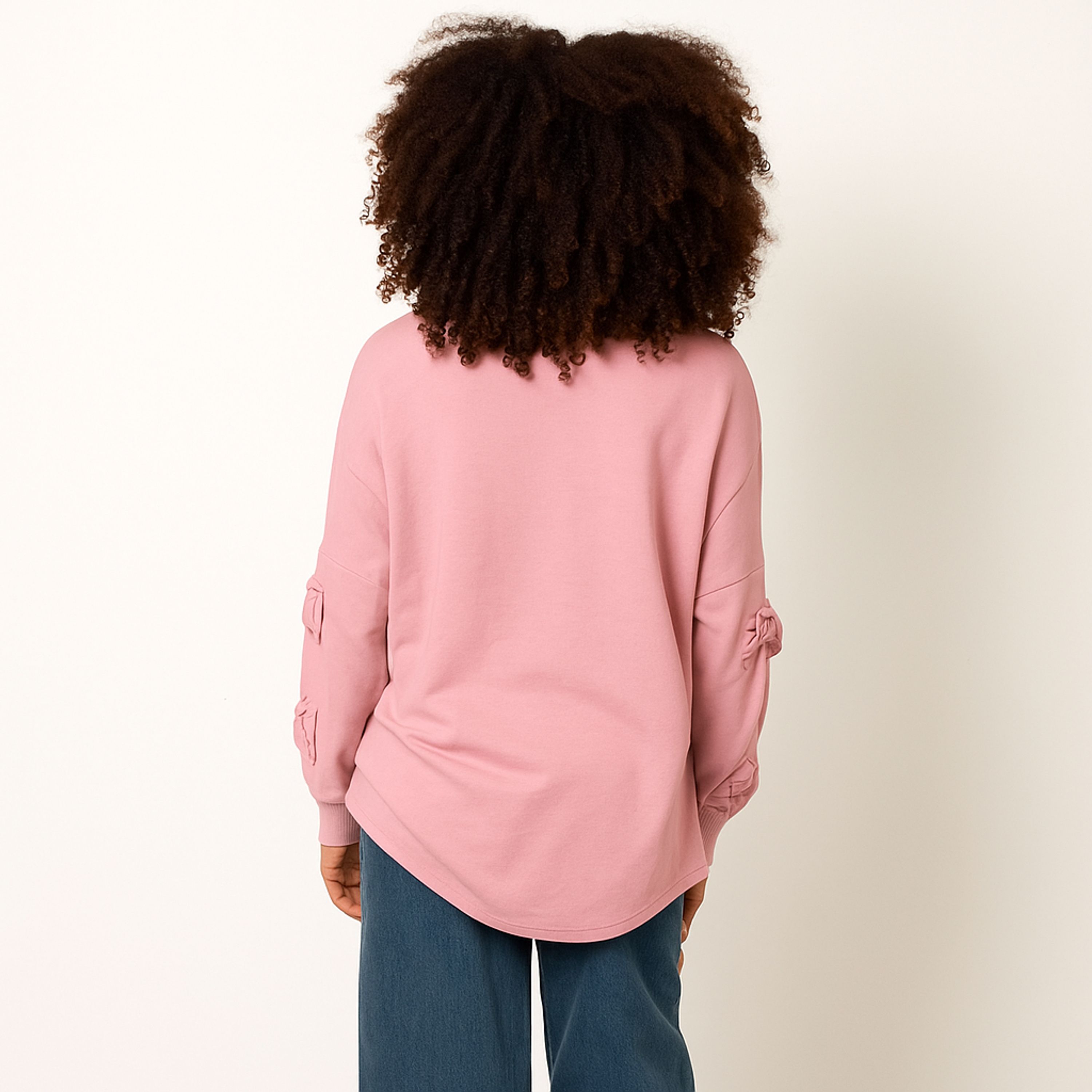 Blue Vanilla Pink Loop Back Sweat Bow Sleeve Raw Edge V Neck Top