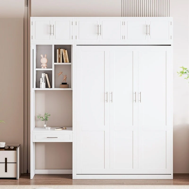 Full Size and Queen Size Wall Murphy Bed with Desk, Top Cabinet and Storage Shelves, Space Saving Foldable Bed