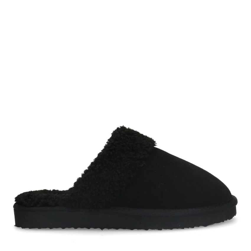 Manfield Zwarte suède pantoffels met imiatatiewol