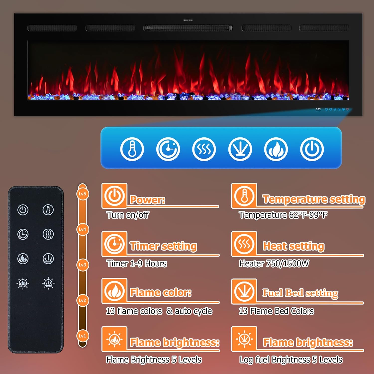 60 Smart WiFi Electric Fireplace Insert, 13 Flame & Fuel Bed with Automatic Cycle, Fireplace Heater with APP Control & Thermostat, Timer, Recessed and Wall Mounted