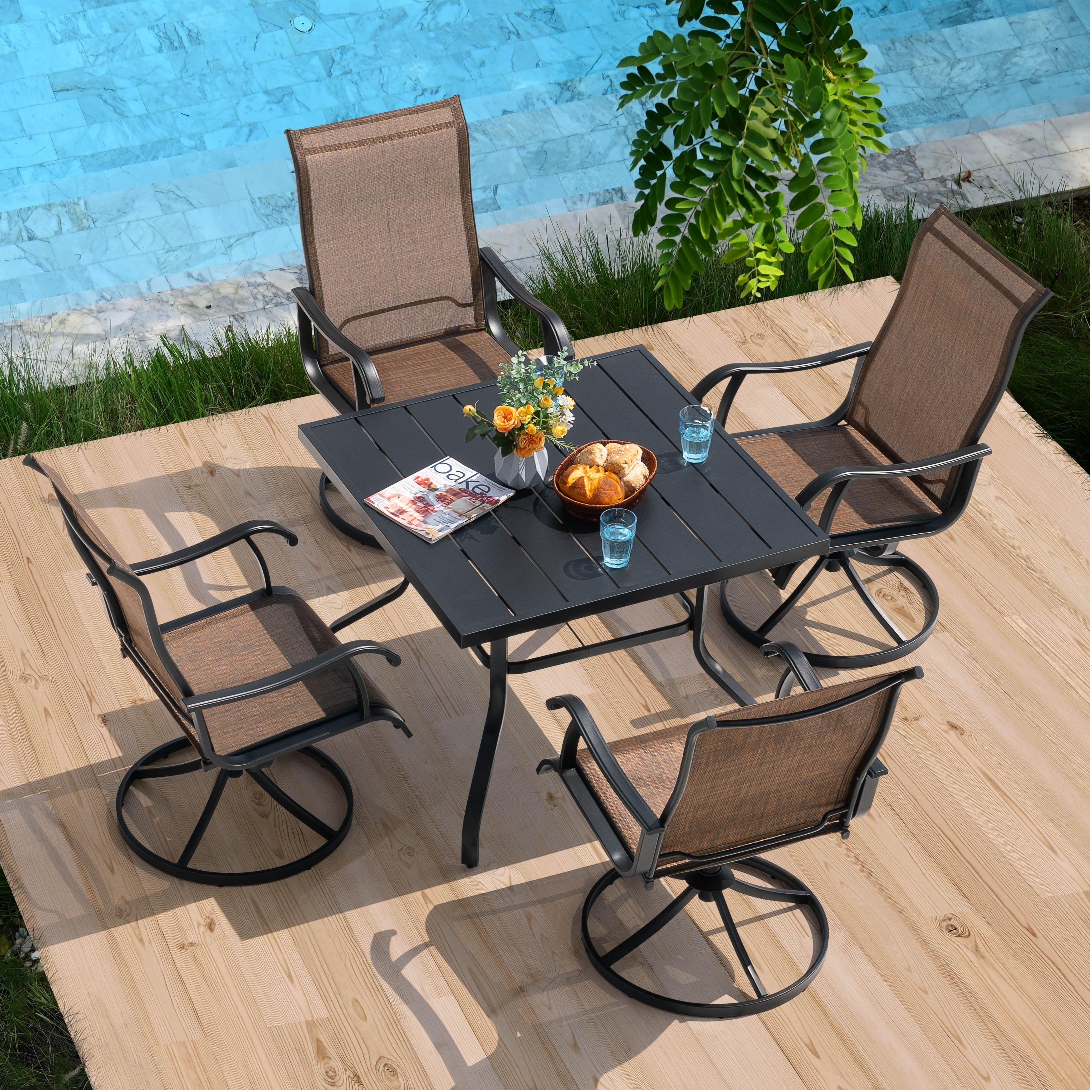 Nuu Garden Patio 5-Piece Iron Dining Set with Textilene Swivel Chairs