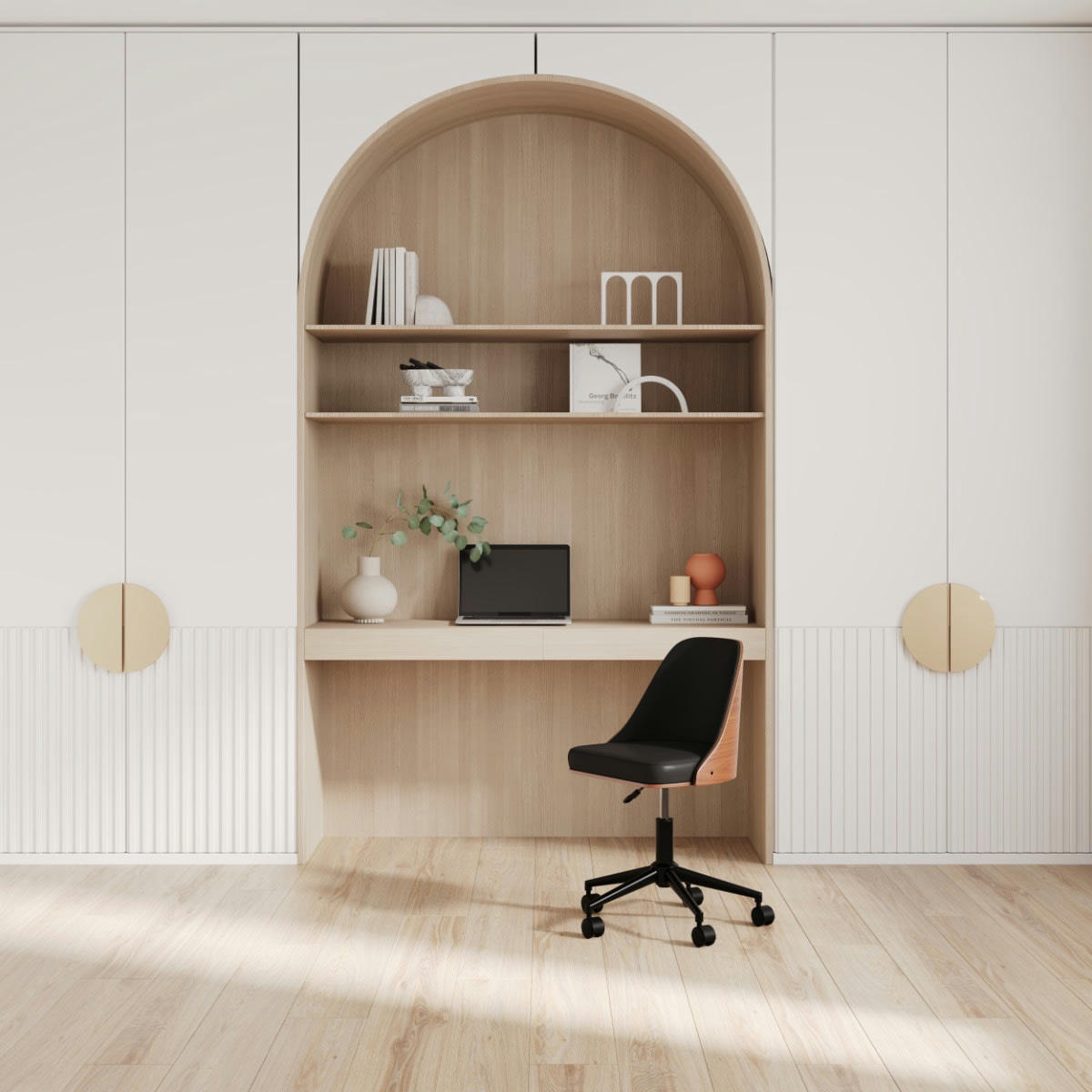 GEORGES - Chaise de bureau pivotante sur roulettes en bois foncé et PU noir