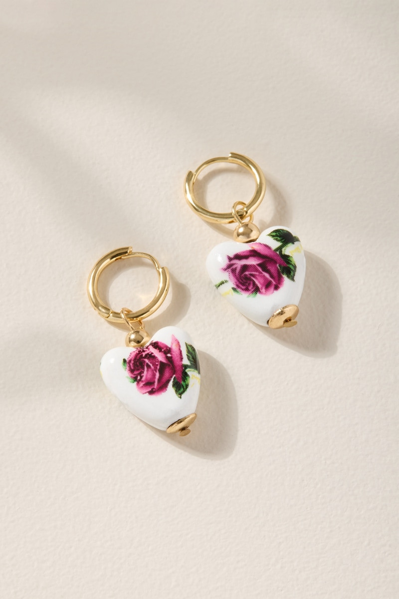 Ally Ceramic Rose Heart Huggie Earrings