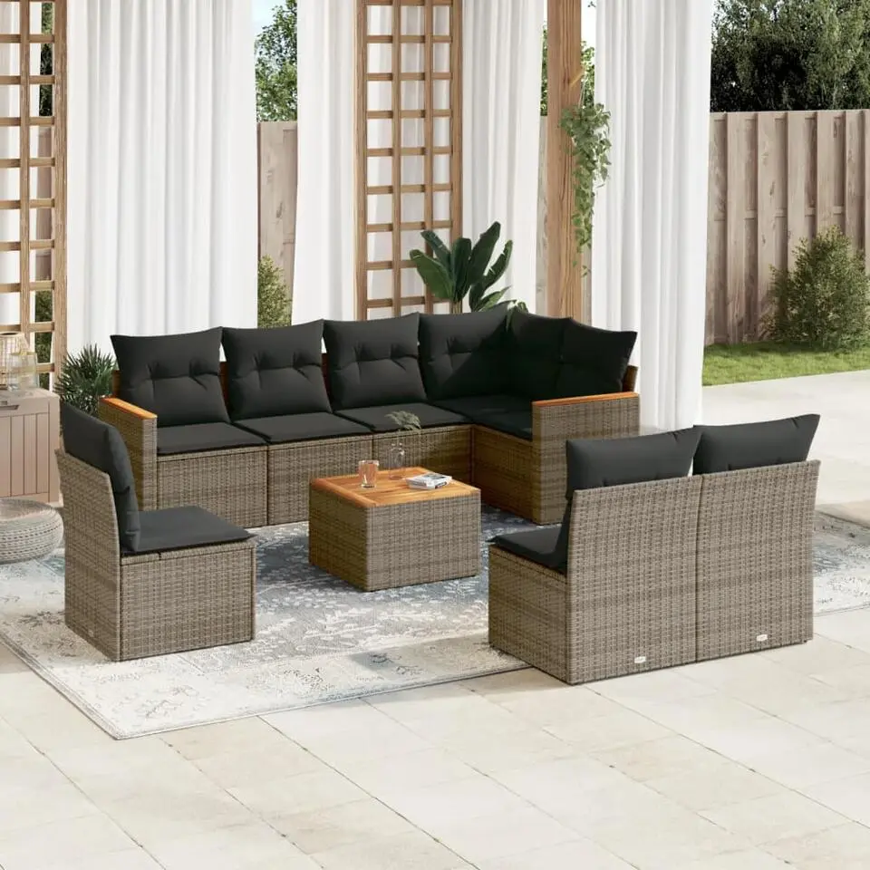 vidaXL 9-delige Loungeset voor 8 met kussens en salontafel - Gris - Poly rattan