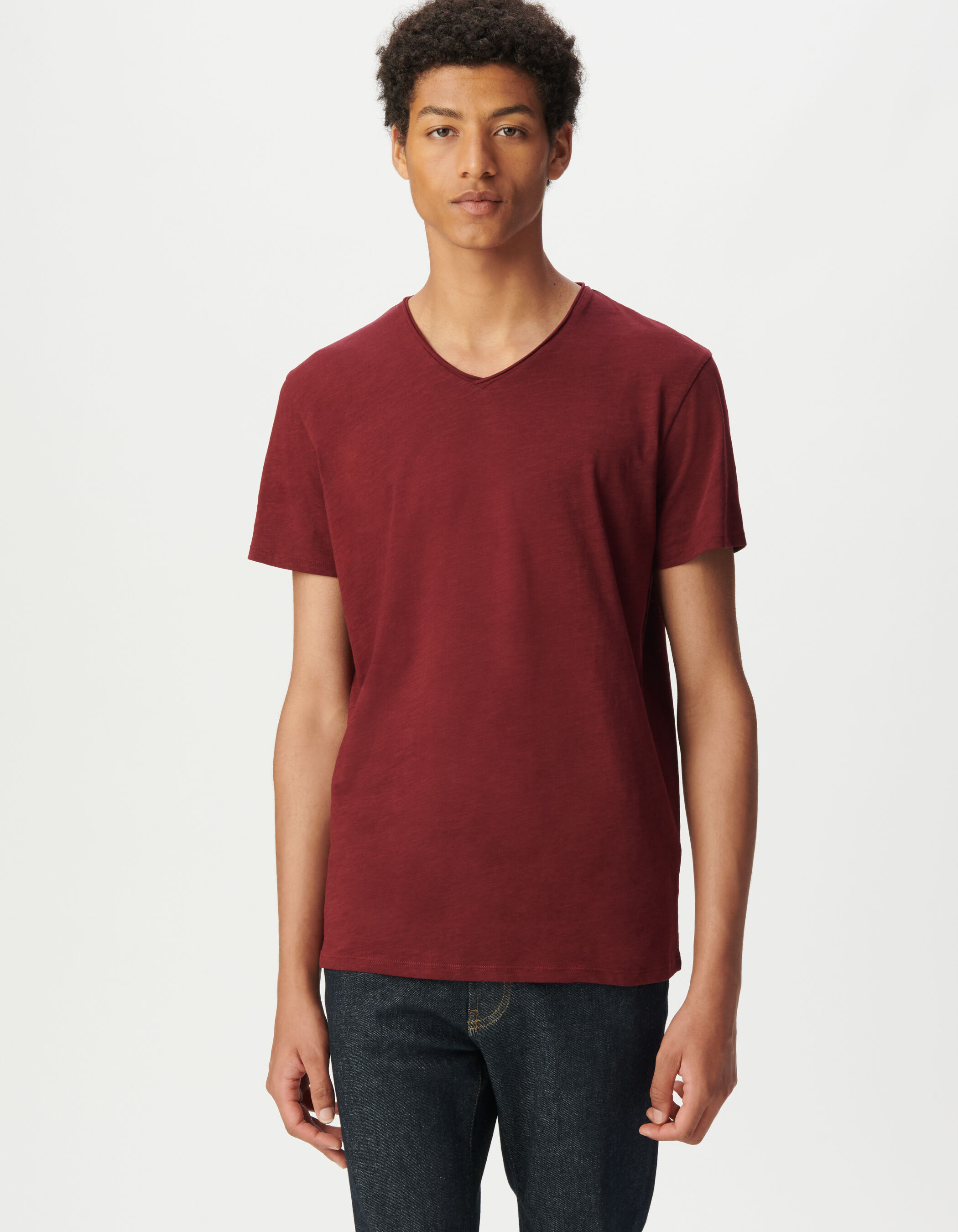 T-shirt encolure V bleu grisé coton bio flammé Homme
