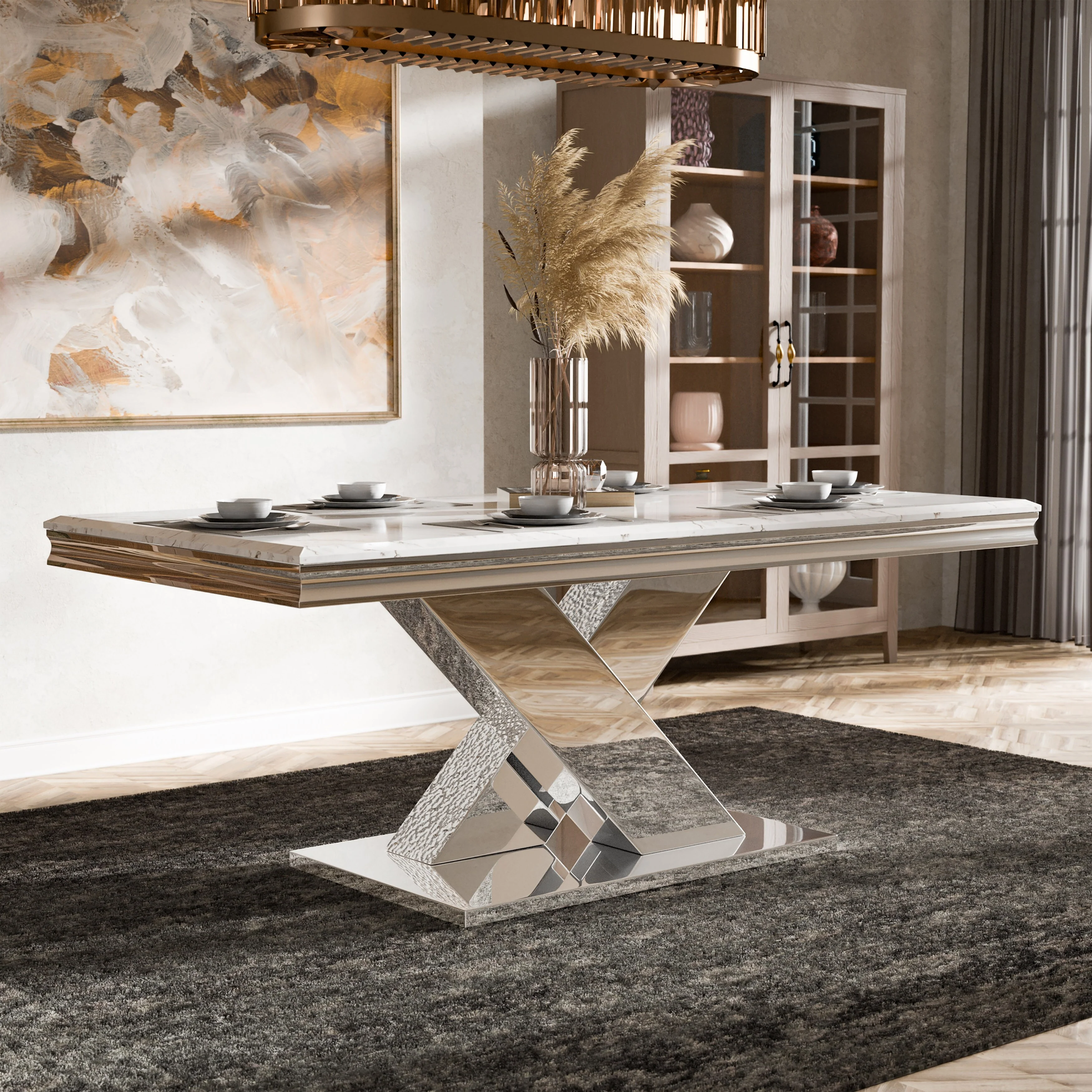 Furniture of America Thaddeus Modern X-Shaped 79-inch Dining Table with Stone Top