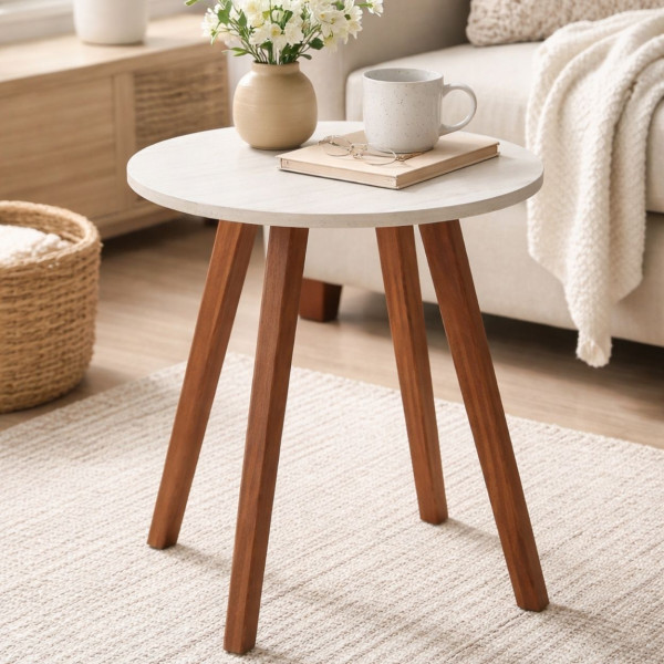 Stolik kawowy okrągły 40 cm, blat MDF imitacja marmuru drewniane nogi 43 cm