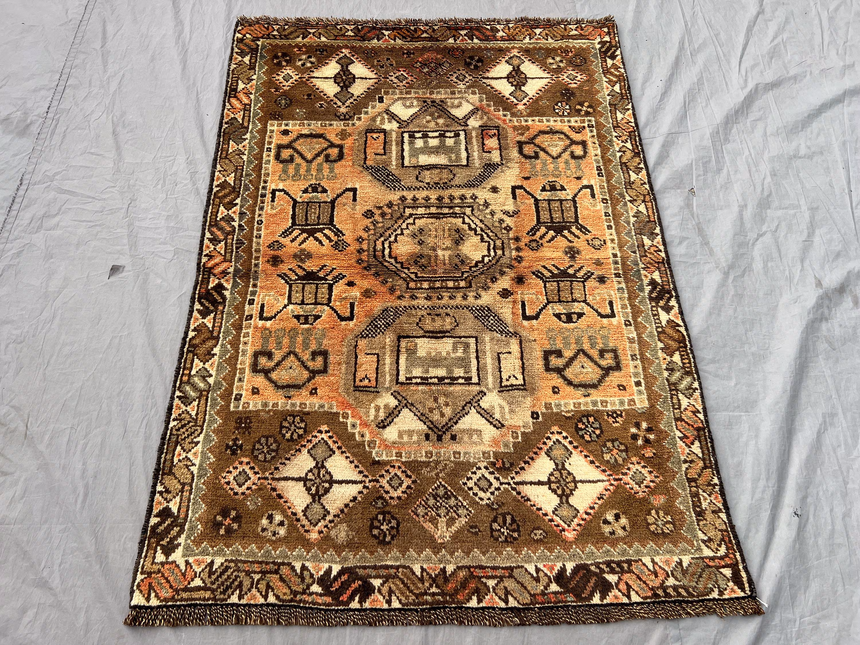 4x5 Antique Terracotta Faded Afghan Rug, Tribal Hand-Knotted Wool Turkmen Rug, Rare Vintage Tribal Carpet, Soft Pile, Nomadic Decor Rug