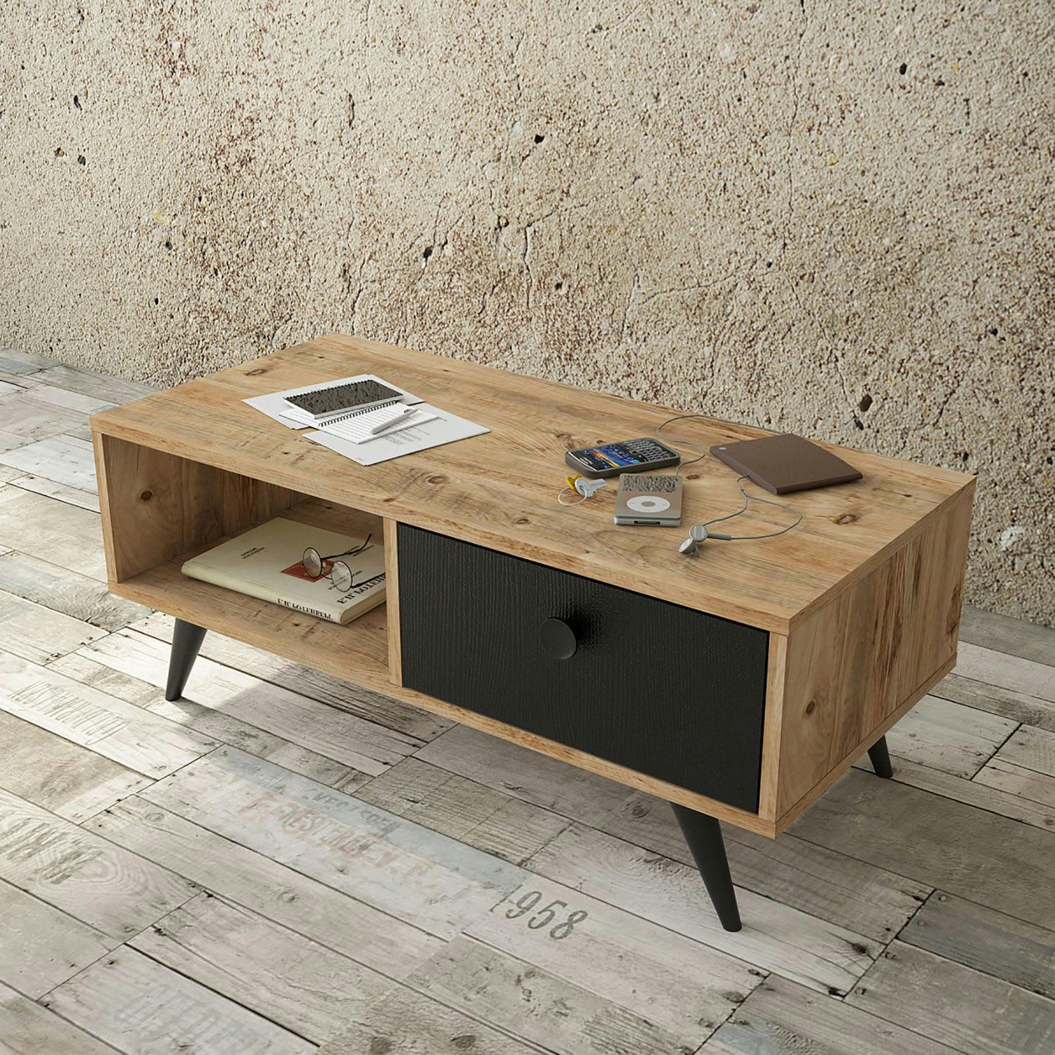 - Table basse avec 1 niche de rangement et 1 tiroir en panneaux de