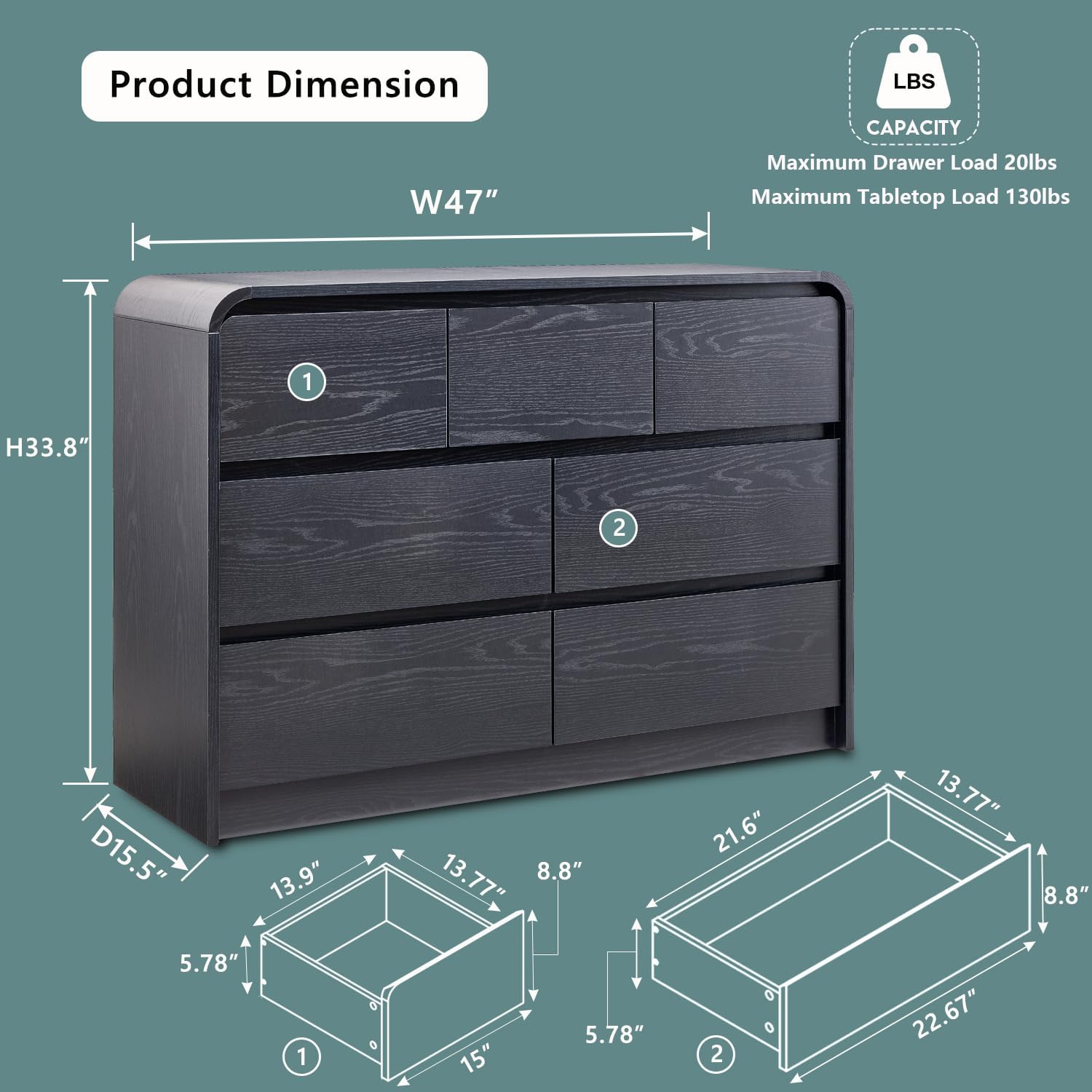 Modern 7 Drawers Dresser for Bedroom, 47 Wide Wood Dressers & Chests of Drawers w/Curved Profile Design, Mid Century Modern Dresser w/Natural Texture for Bedroom, Living Room, Black