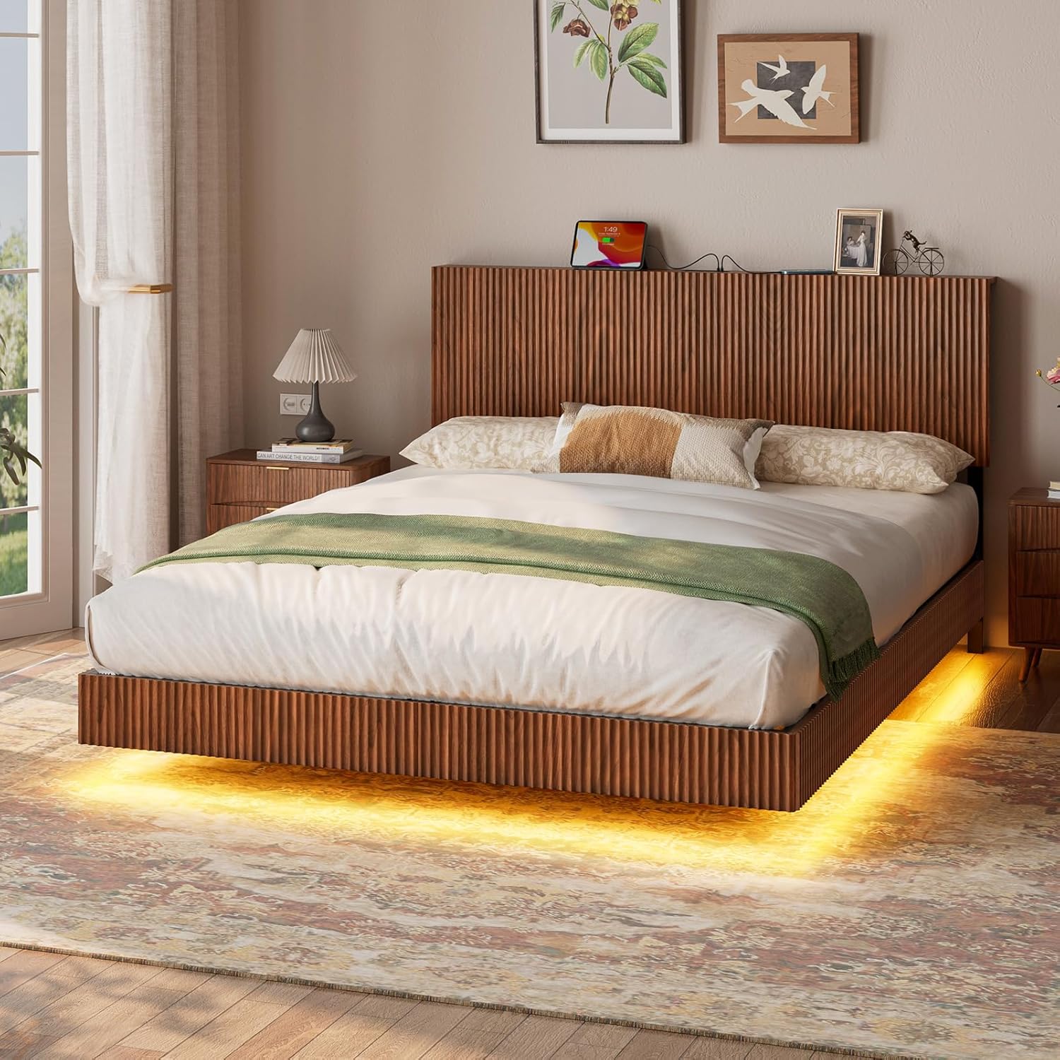Evermagin Walnut Queen Floating Bed Frame with Headboard, Mid Century Modern Fluted Platform Bed with LED Lights, Heavy Duty Floating Bedframe with Charging Station, No Box Spring Needed