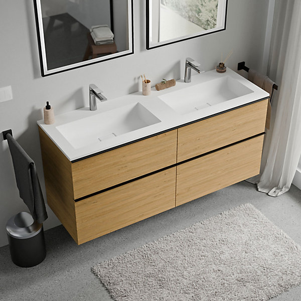 Meuble vasque suspendu MDF Chêne miel, lavabo fonte Blanc mat   trou robinet, poignée Noir mat - 140x46x62cm - LAVOA