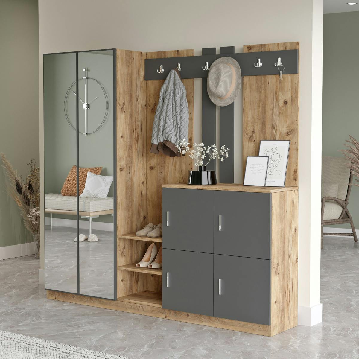 Vestiaire d'entrée 4 portes 1 miroir décor gris et bois MARFA